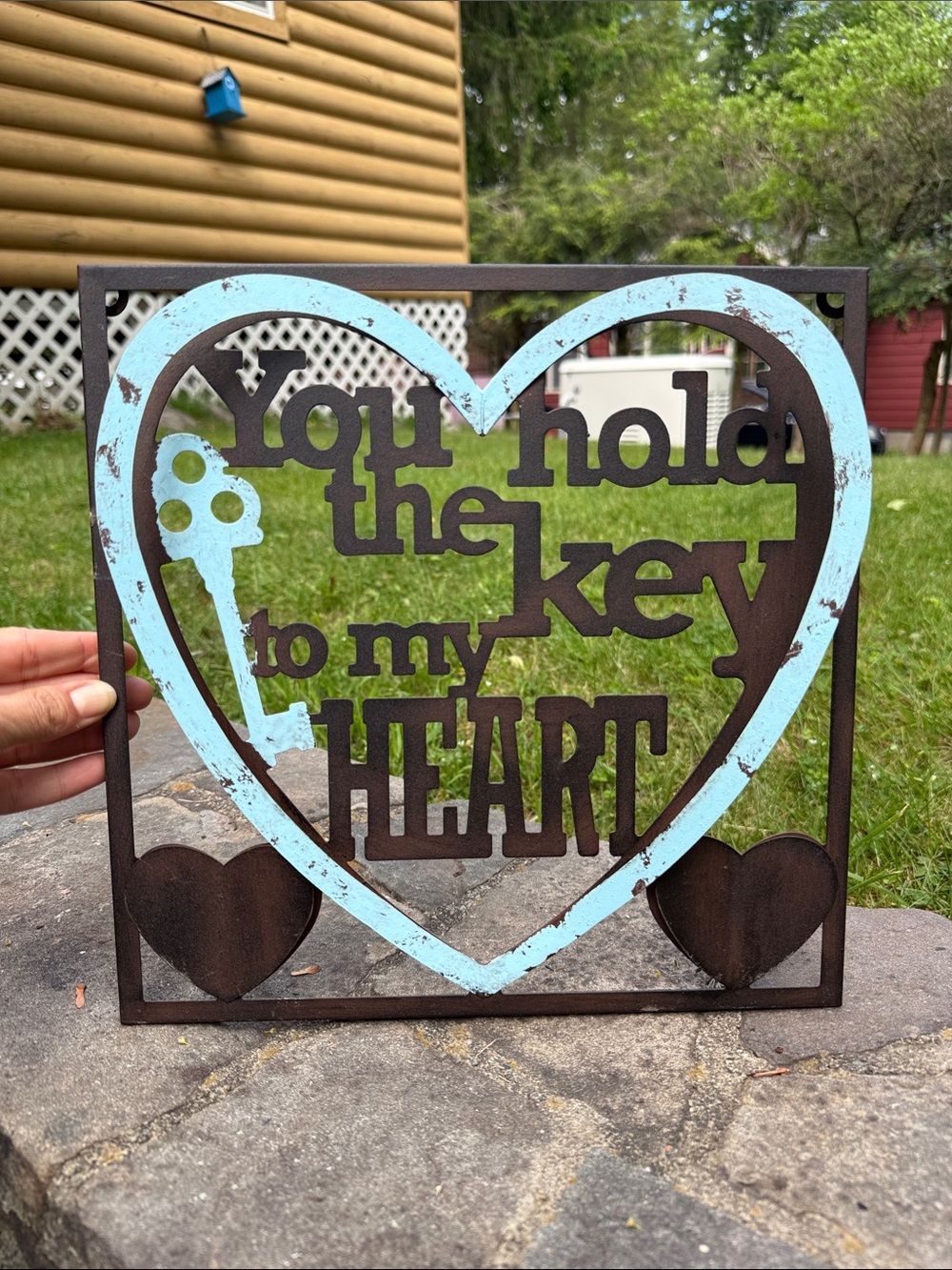 Heart Key Wall Art Sign - Aqua and Brown